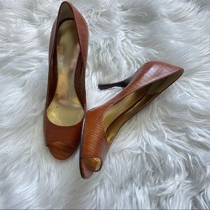 Enzo Angiolini Peep Toe High Heel Pumps Cognac Camel Brown Dress Shoes Size 6 M